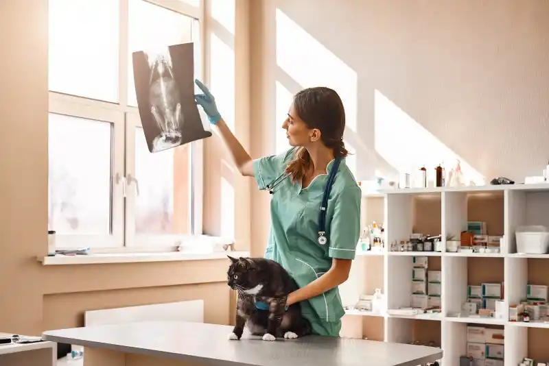 Photo of a woman holding up an x-ray of a cat