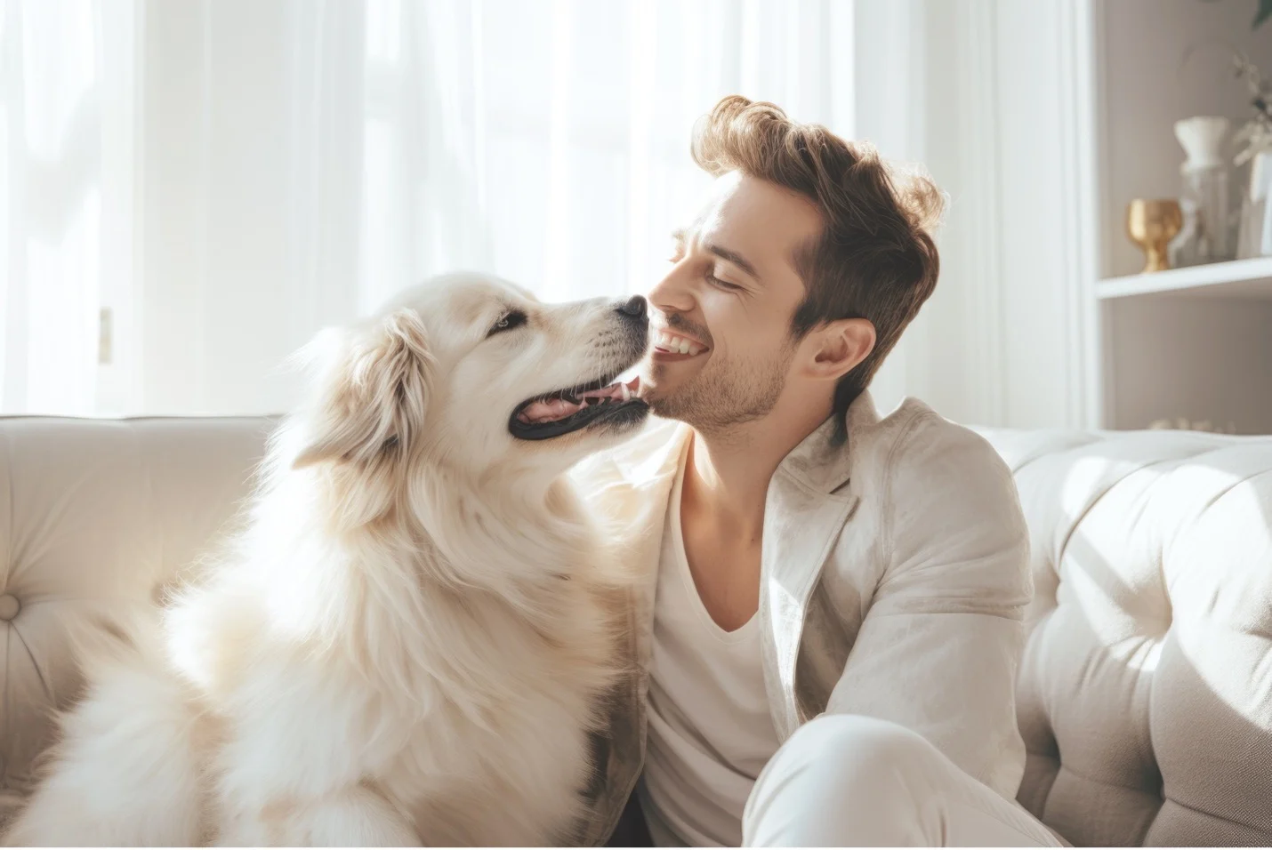 Man sitting on sofa with white dog