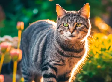 photo of short haired cat standing in a sunny patch of blurred tulips and grass