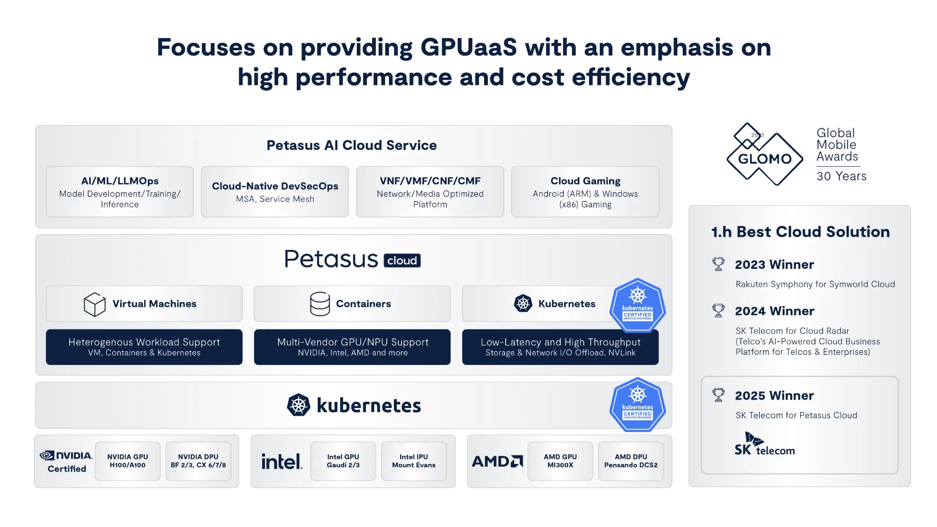 Petasus AI Cloud supports multi-vendor GPU/NPU and heterogeneous user workloads.