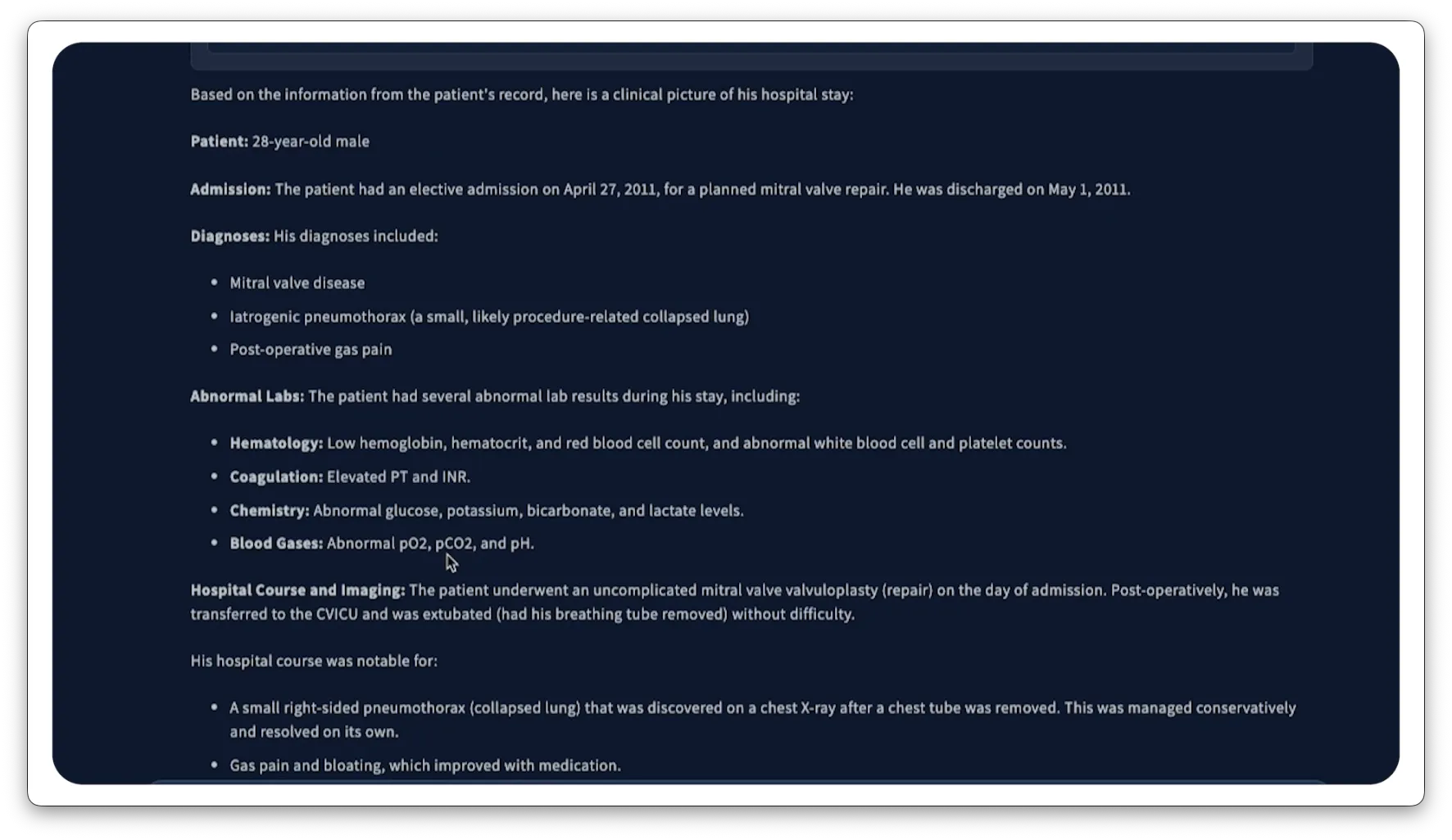 Mitral Valve Repair Hospital Stay Summary