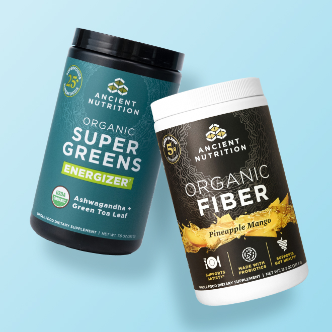 Organic Fiber and Organic Supergreens on blue background