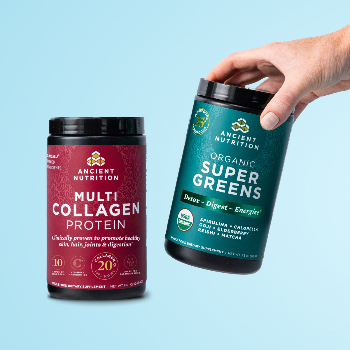a bottle of multi collagen protein powder and a bottle of organic supergreens powder on a teal background