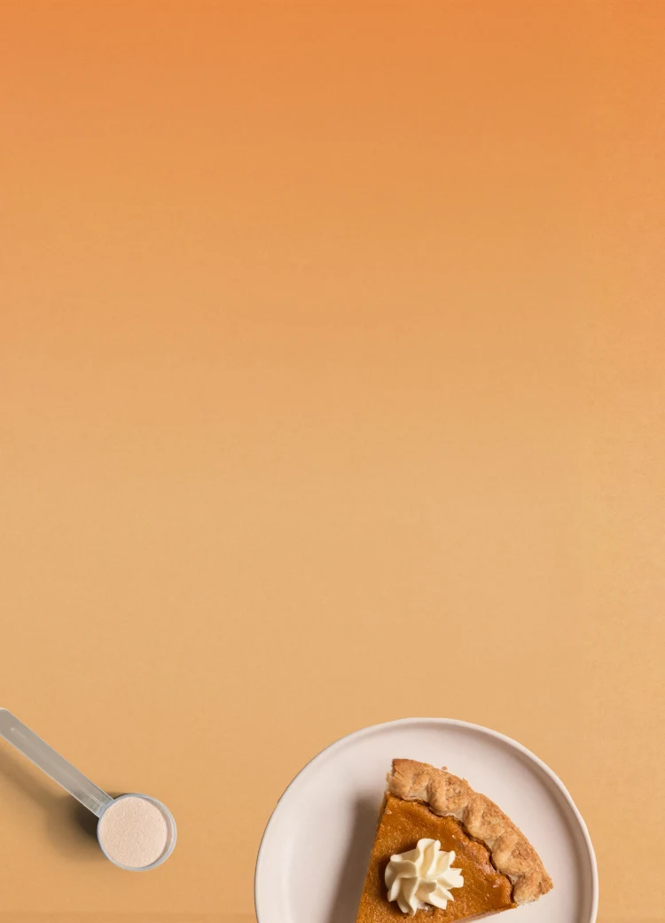 two ancient nutrition items on a orange background with a pumpkin pie  