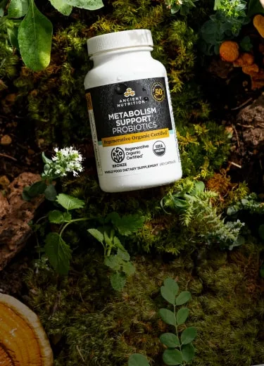 a bottle of metabolism support probiotics on a tree log