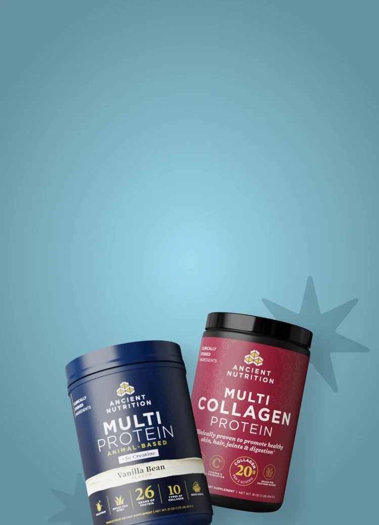 two ancient nutrition items on a blue background