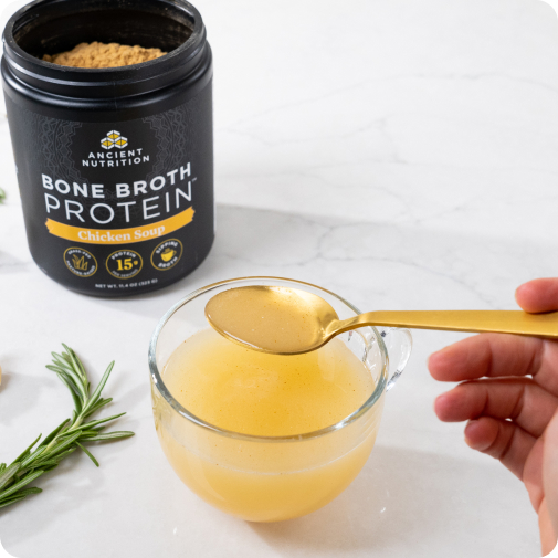 bone broth protein chicken soup in a glass mug