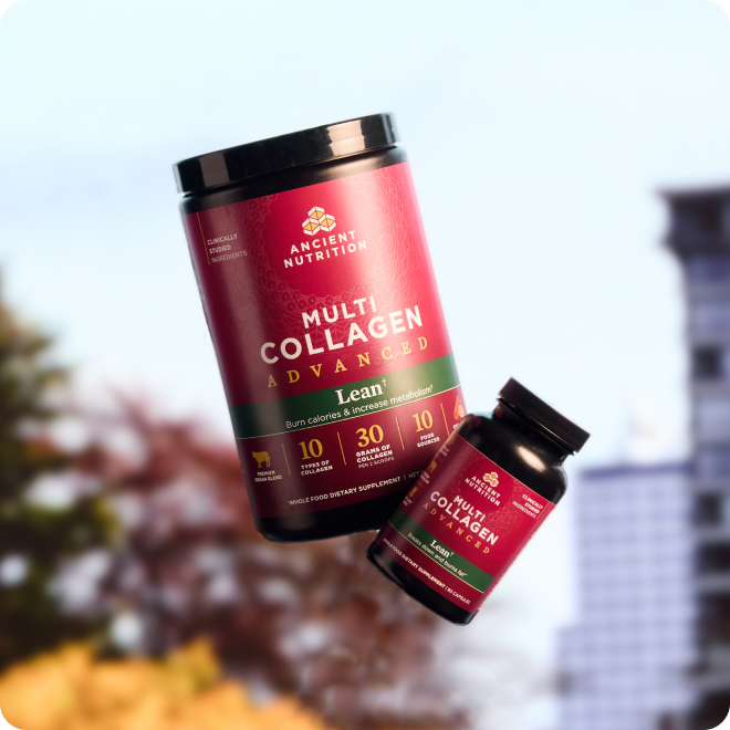 bottles of multi collagen advanced lean powder and capsules in the air