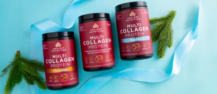 3 bottles of Multi Collagen Protein powder on a light blue background