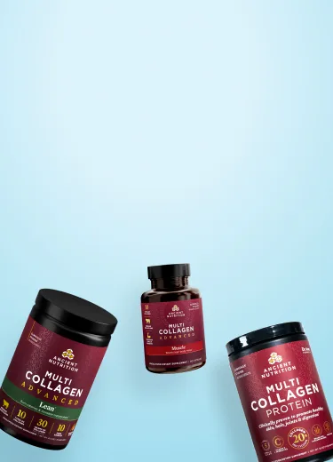 Three collagen products with a blue background