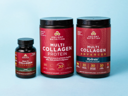 Bottles of Ancient Nutrition Multi Collagen Advanced Lean Capsules, Multi Collagen Protein Powder, and Multi Collagen Advanced Hydrate on a blue background.