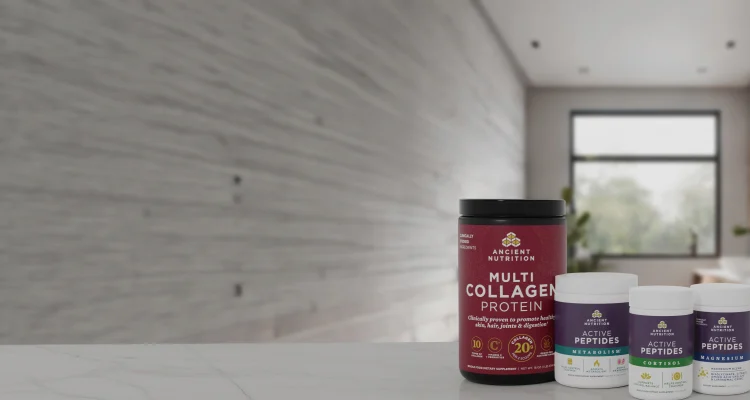 ancient nutrition products on a marble counter top