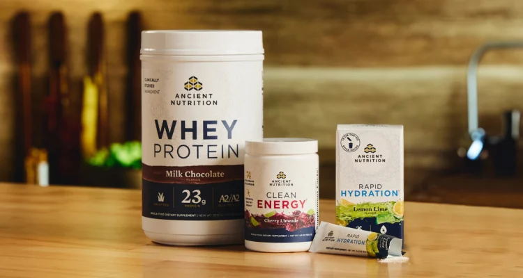 3 bottles of Ancient Nutrition products on a kitchen counter
