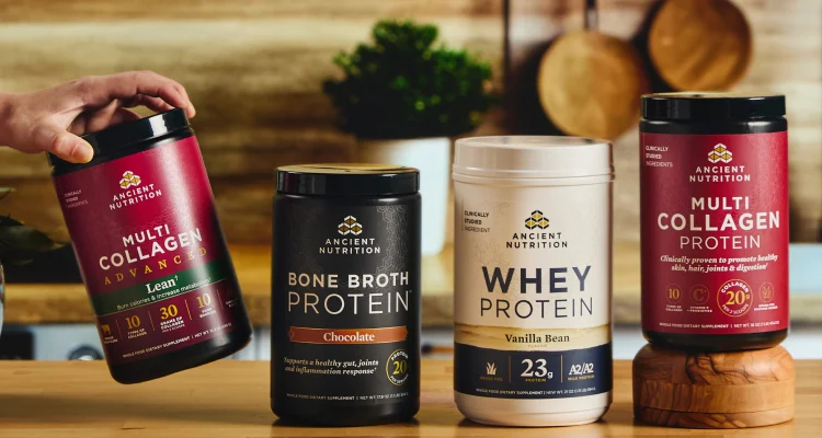 4 bottles of Ancient Nutrition supplements on a kitchen counter
