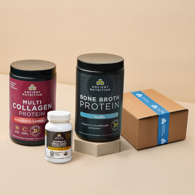 3 products with a shipping box 