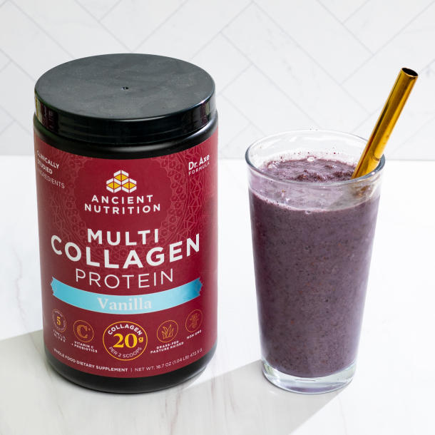 multi collagen bottle next to a smoothie