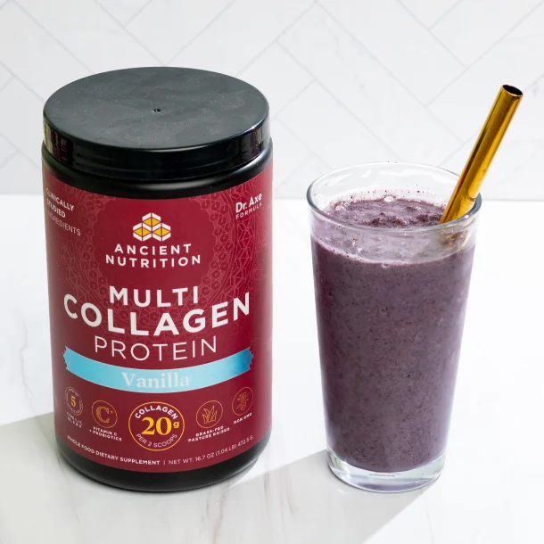 multi collagen bottle next to a smoothie
