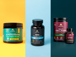 Containers of Ancient Nutrition Organic SuperGreens Mango, SBO Probiotics Ultimate, and Multi Collagen Advanced Lean Capsules and Powder on a yellow, blue, and green background.