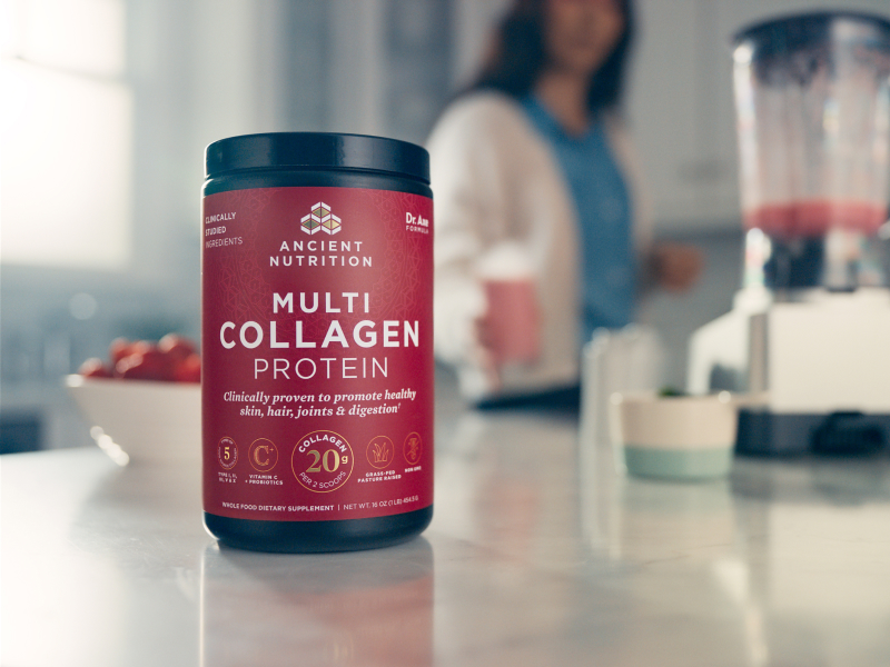 bottle of Multi Collagen Protein in a kitchen