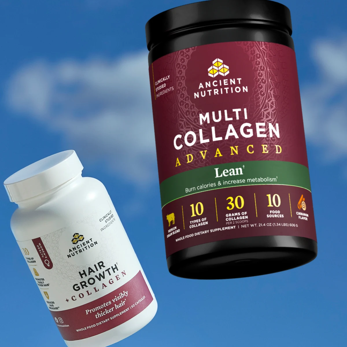 3 Ancient Nutrition product bottles on a maroon background