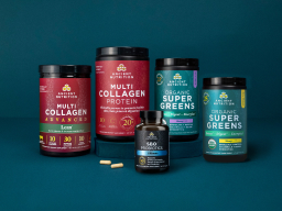 Bottles of Ancient Nutrition Multi Collagen Advanced Lean Powder, Multi Collagen Protein Powder, Organic SuperGreens Berry & Mango Powders, and SBO Probiotics on a teal blue background