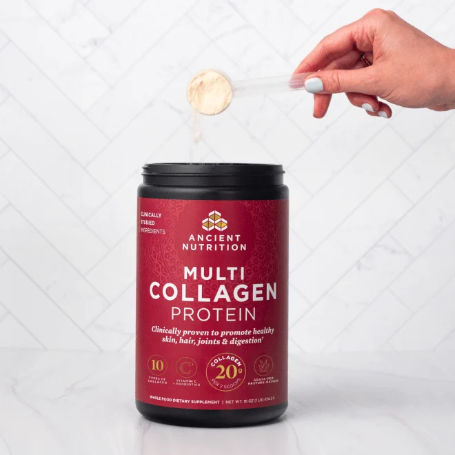 1 bottle of multi collagen protein powder on a kitchen counter