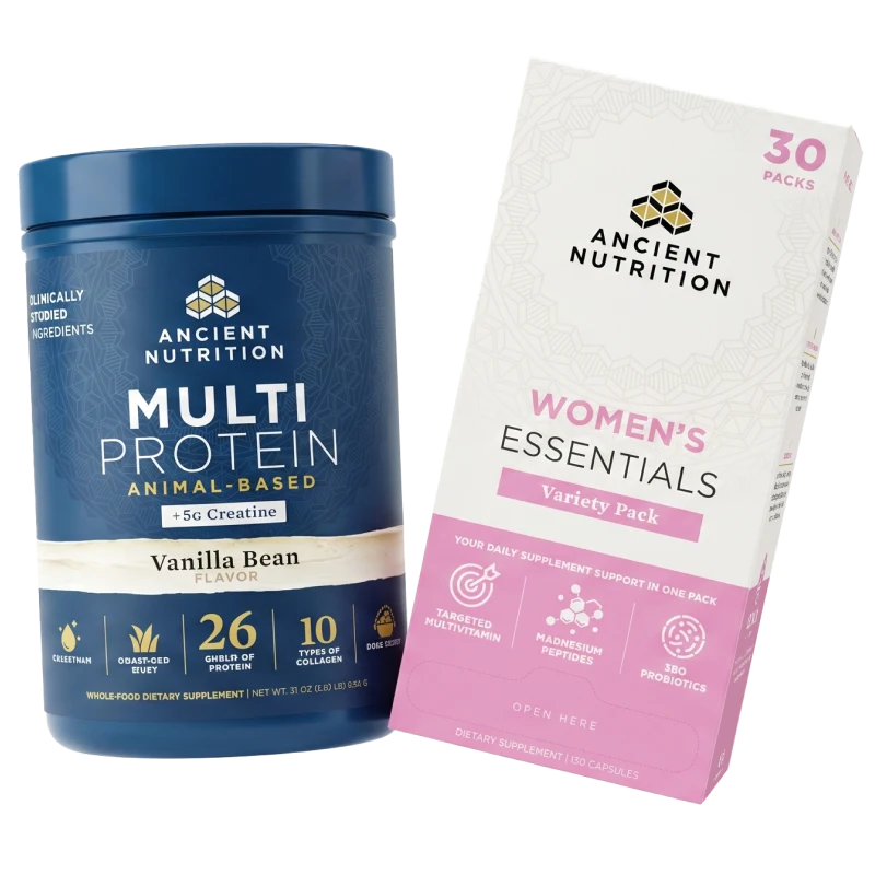 Multi Protein bottle and Women's essentials box side by side