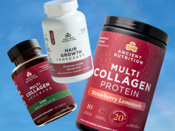 Multi Collagen Lean, Hair Growth Collagen, and Multi Collage Strawberry Lemonade with sky background
