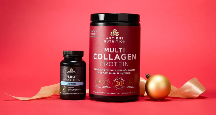 ancient nutrition products on a red background