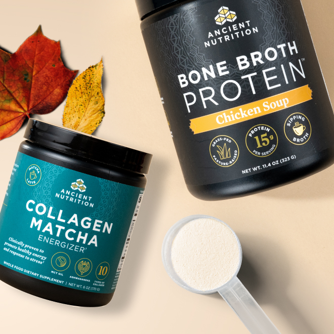 Collagen Matcha & Bone Broth protein with fall leaves
