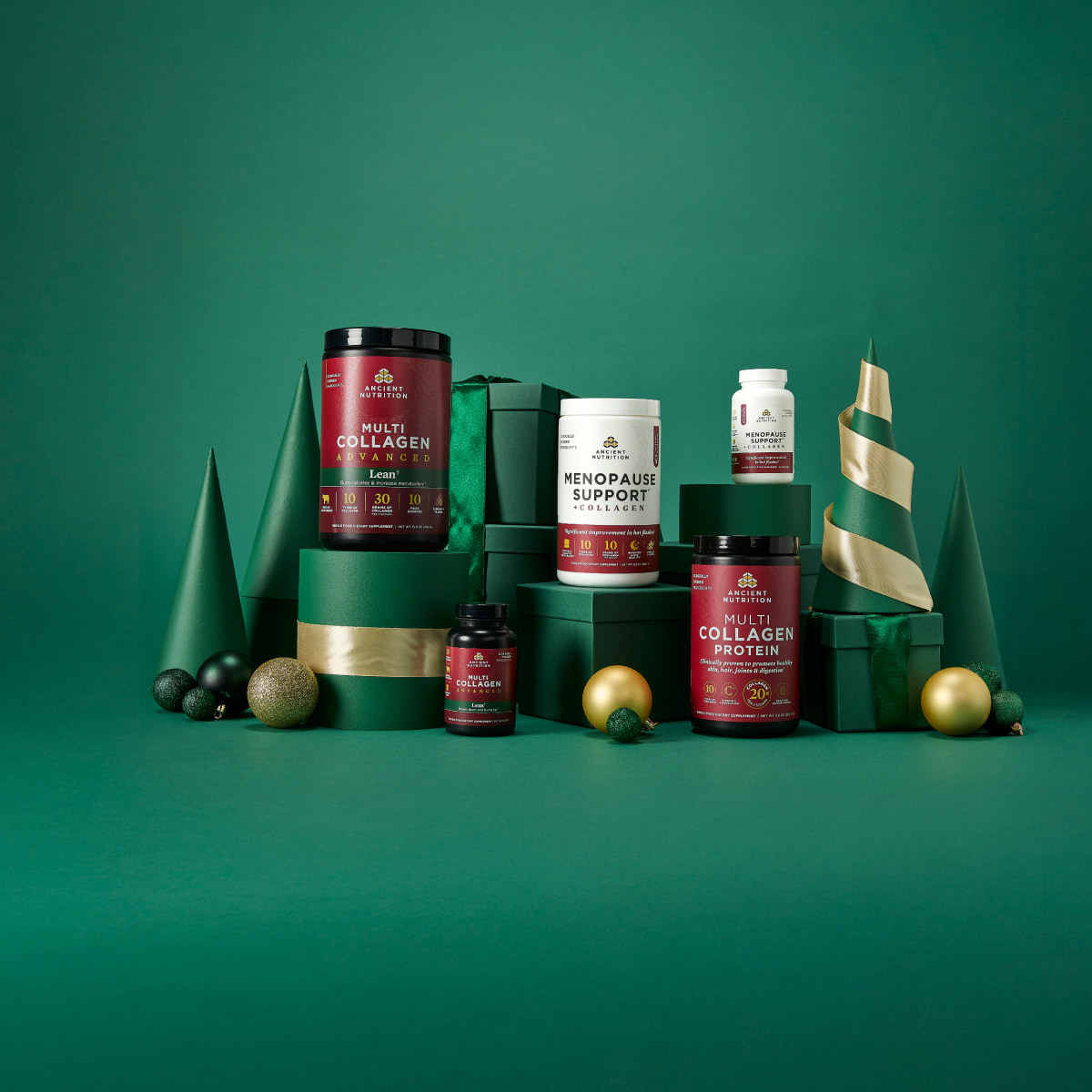 Collagen products with green holiday background