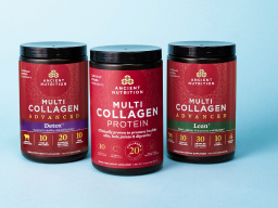 3 bottles of multi collagen protein powder on a light blue background