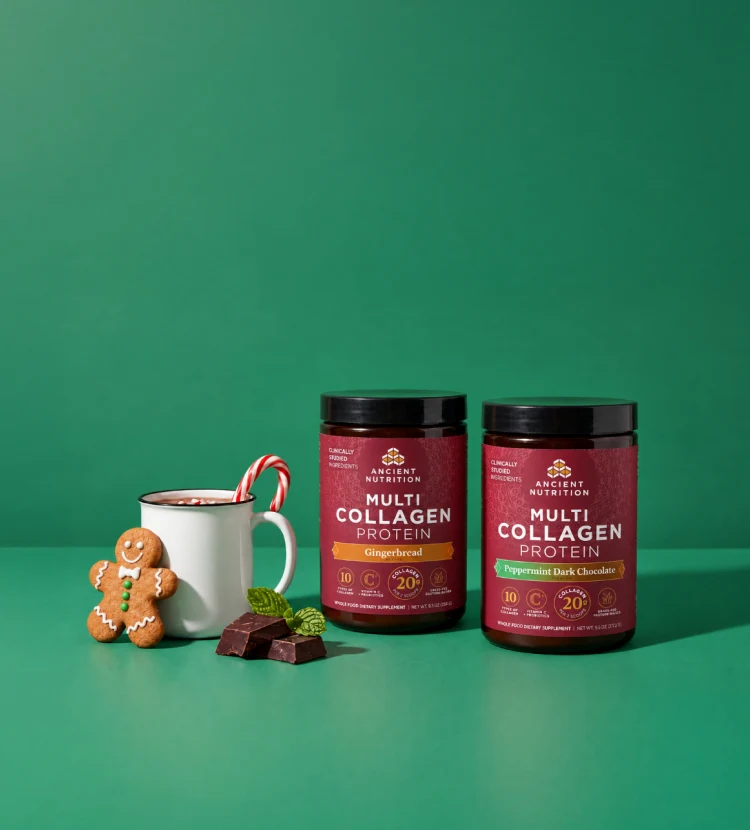 multi collagen protein gingerbread and peppermint dark chocolate on a green background