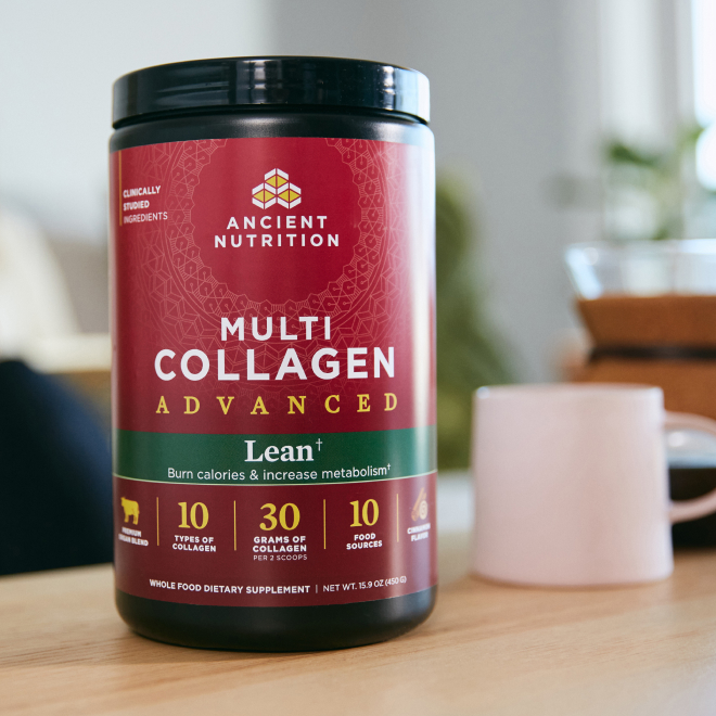 multi collagen advanced lean powder next to a coffee cup