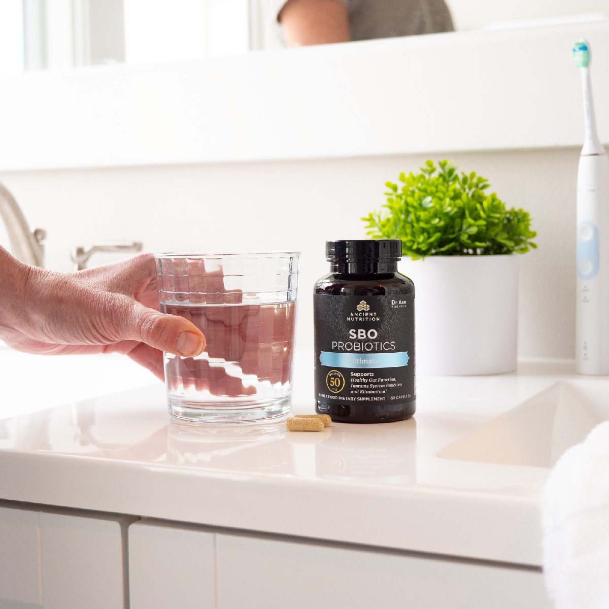 SBO Probiotics Gut Restore on a counter top