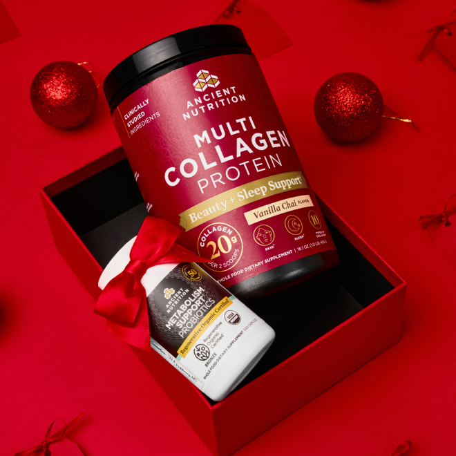 Multi Collagen Protein Beauty+ Sleep Support with Metabolism Support Probiotics in a red box