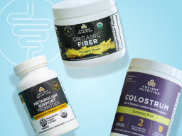 3 gut health products with blue background