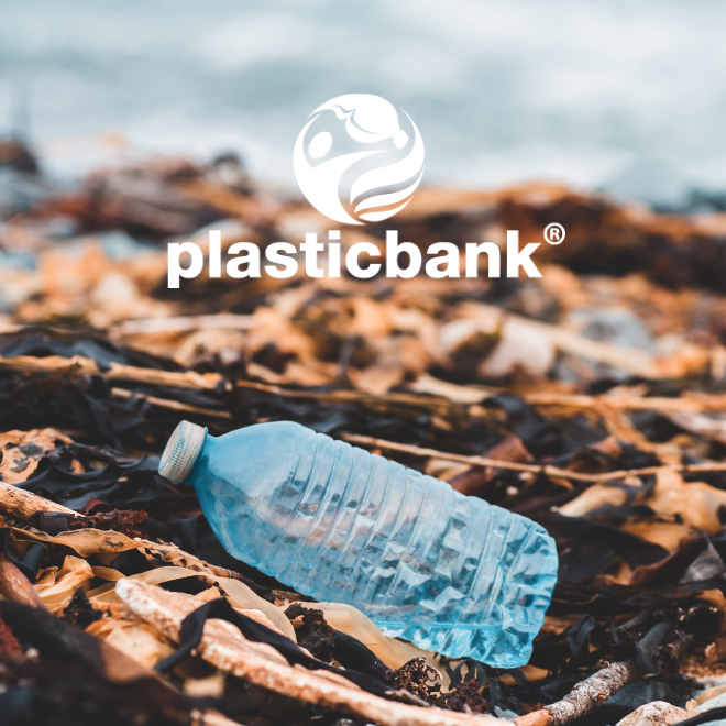 a plastic water bottle on the ground with the Plastic Bank logo overlaid