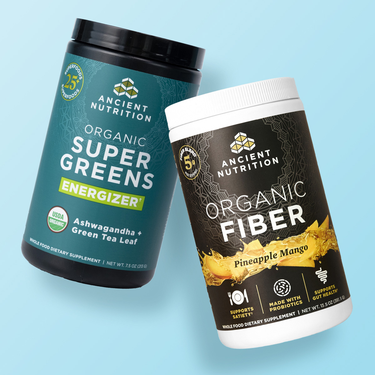 Organic Fiber and Organic Supergreens on blue background