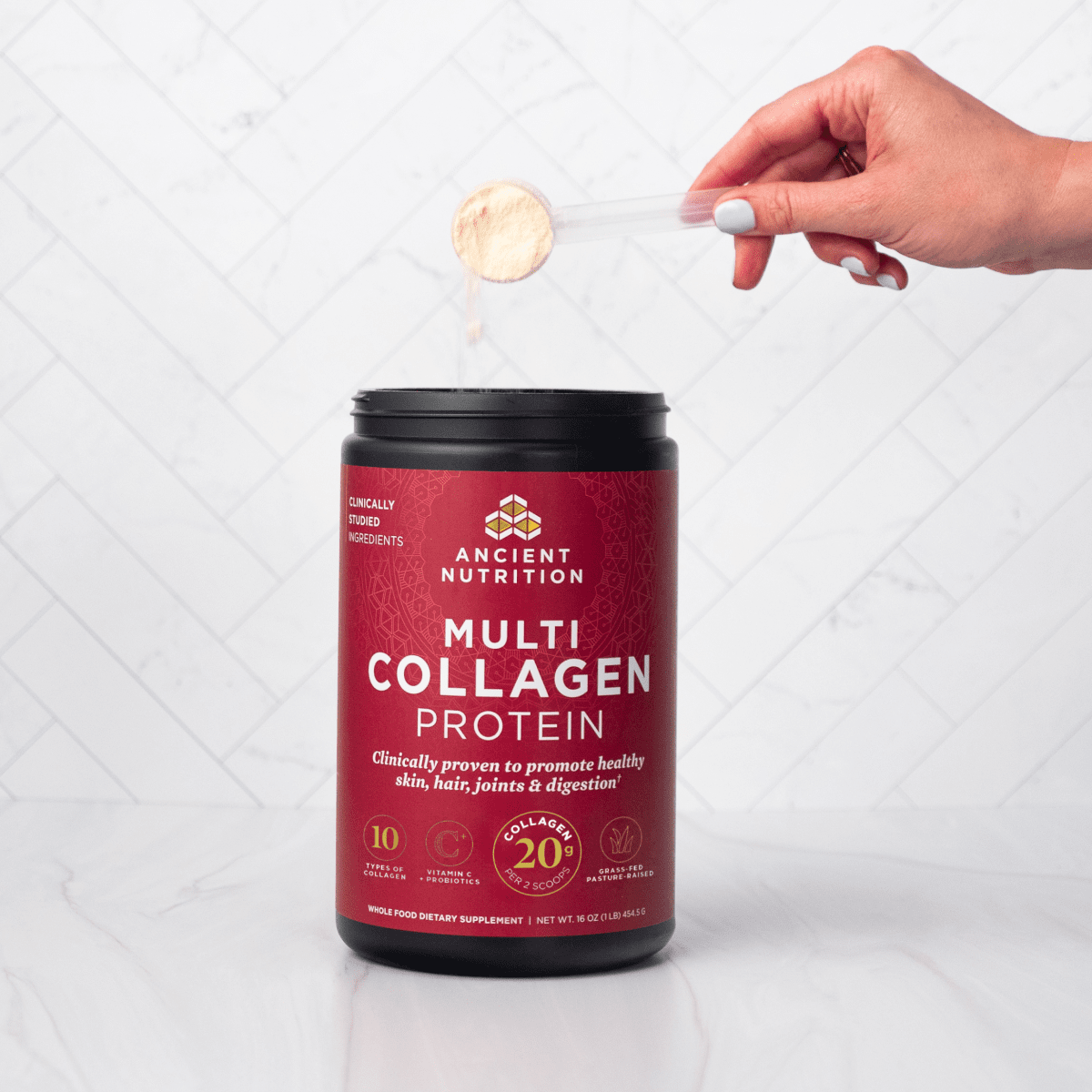 1 bottle of multi collagen protein powder on a kitchen counter