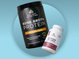 Bone Broth Protein Pumpkin Spice & Hormone Balance with blue background