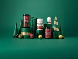 Collagen products with green holiday background