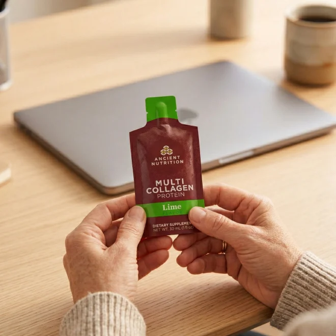 a person holding a multi collagen protein gel packet at a desk