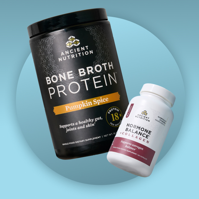Bone Broth Protein Pumpkin Spice & Hormone Balance with blue background