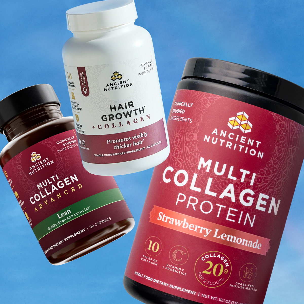 Multi Collagen Lean, Hair Growth Collagen, and Multi Collage Strawberry Lemonade with sky background