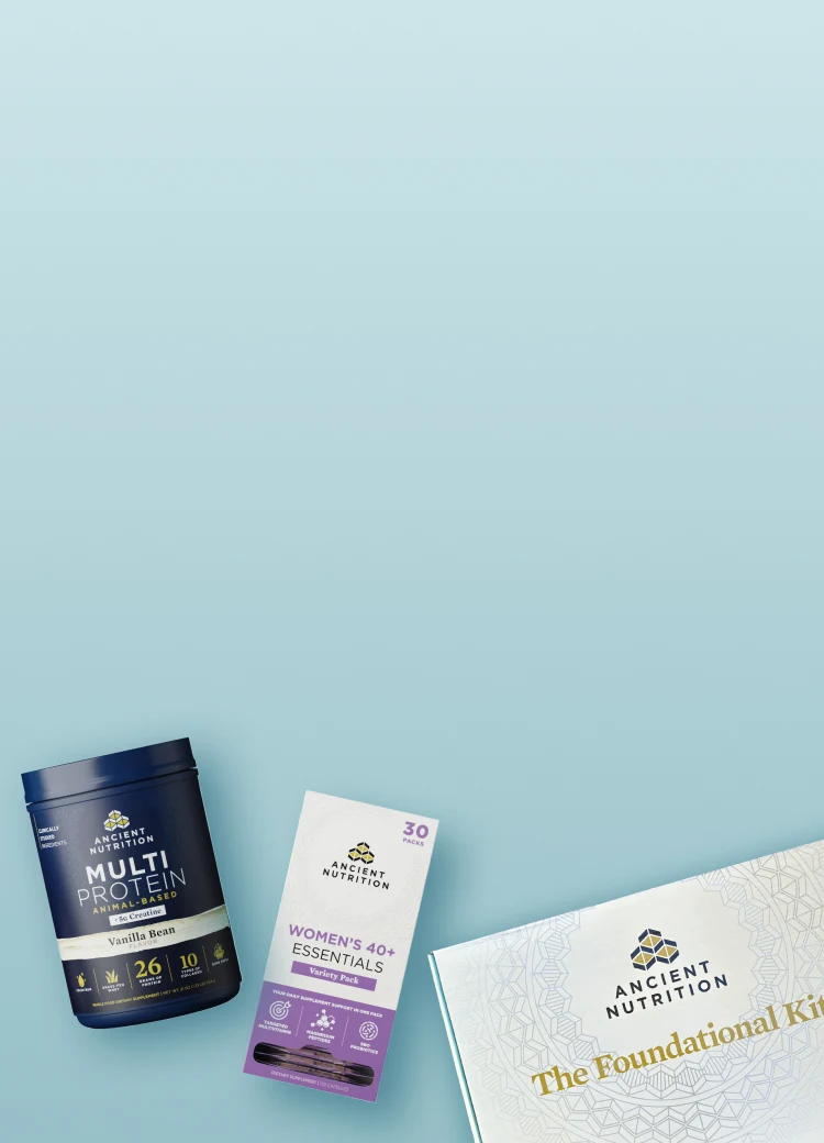 three ancient nutrition items on a blue background 