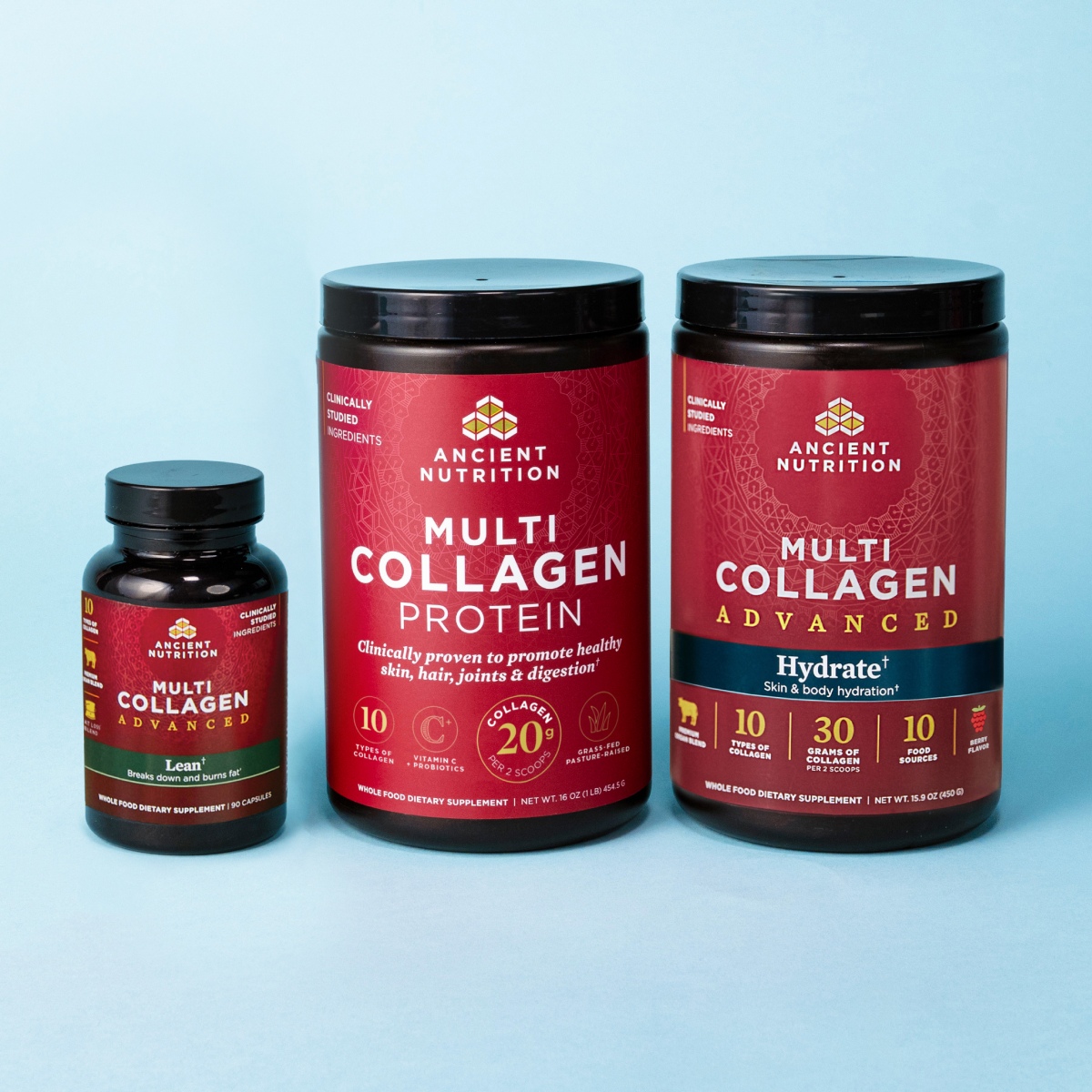 Bottles of Ancient Nutrition Multi Collagen Advanced Lean Capsules, Multi Collagen Protein Powder, and Multi Collagen Advanced Hydrate on a blue background.