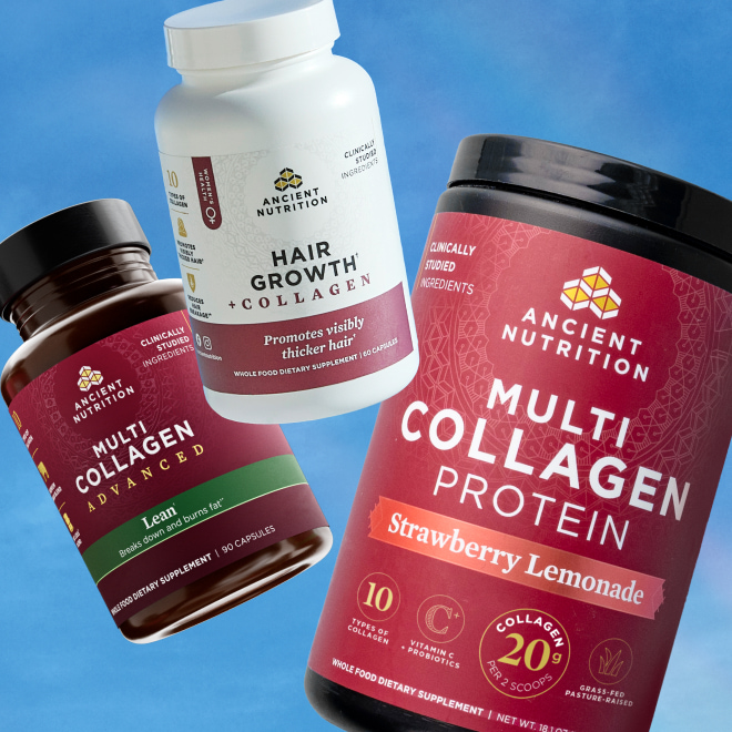 Multi Collagen Lean, Hair Growth Collagen, and Multi Collage Strawberry Lemonade with sky background
