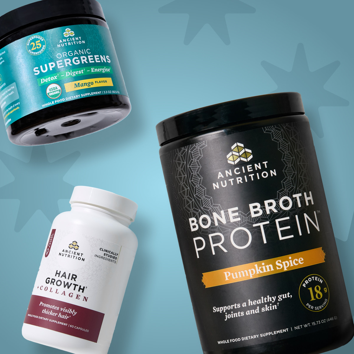 supergreens, hair growth capsules, and bone broth protein