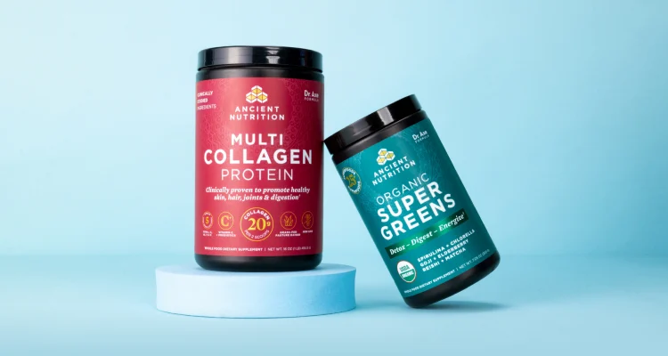 bottle of supergreens and multi collagen protein on a blue background